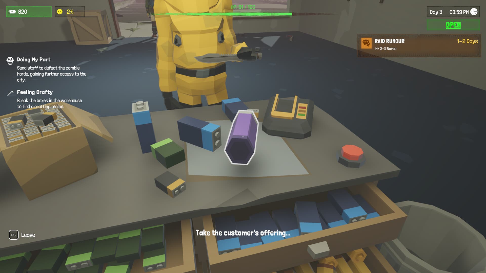 Official The Walking Trade gameplay screenshot showing a survivor at the trading and crafting counter